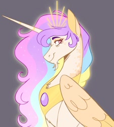 Size: 934x1039 | Tagged: safe, artist:wanderingpegasus, derpibooru import, princess celestia, alicorn, pony, g4, alternate design, bags under eyes, beard, chest fluff, closed mouth, colored wings, crown, ethereal mane, facial hair, female, folded wings, freckles, glowing mane, gray background, jewelry, looking at you, mare, peytral, regalia, simple background, smiling, solo, sparkly mane, tiara, wings