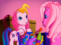 Size: 900x675 | Tagged: safe, derpibooru import, screencap, pinkie pie (g3), toola roola, earth pony, pony, g3, blowing, duo, hair flip, meet the ponies, pinkie pie's party party