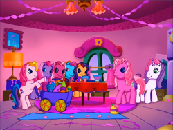 Size: 900x675 | Tagged: safe, derpibooru import, screencap, cheerilee (g3), pinkie pie (g3), rainbow dash (g3), scootaloo (g3), starsong, sweetie belle (g3), toola roola, earth pony, pegasus, pony, unicorn, g3, core seven, interior, looking at each other, looking at someone, meet the ponies, pinkie pie's party party