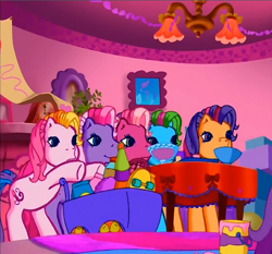 Size: 627x585 | Tagged: safe, derpibooru import, screencap, cheerilee (g3), rainbow dash (g3), scootaloo (g3), starsong, toola roola, earth pony, pegasus, pony, g3, interior, meet the ponies, pinkie pie's party party