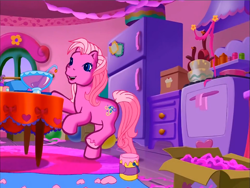 Size: 900x675 | Tagged: safe, derpibooru import, screencap, pinkie pie (g3), earth pony, pony, g3, banner, happy, interior, meet the ponies, paint, pinkie pie's party party, prancing, punch (drink), punch bowl, solo