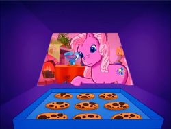 Size: 900x675 | Tagged: safe, derpibooru import, screencap, pinkie pie (g3), earth pony, pony, g3, cookie, food, meet the ponies, offscreen character, pinkie pie's party party, pov, sad, solo, worried