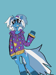 Size: 500x667 | Tagged: safe, artist:trixeswagon, derpibooru import, trixie, pony, unicorn, g4, alternate hairstyle, babysitter trixie, bipedal, blue background, both cutie marks, clothes, eye clipping through hair, grin, hoodie, simple background, smiling, solo, unshorn fetlocks, waving