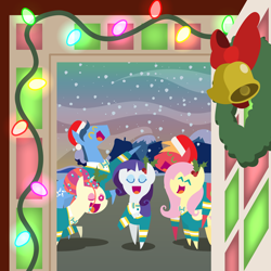 Size: 2160x2160 | Tagged: safe, anonymous artist, derpibooru import, big macintosh, fluttershy, rarity, toe-tapper, torch song, earth pony, pegasus, pony, series:fm holidays, series:hearth's warming advent calendar 2023, g4, advent calendar, bowtie, caroling, christmas, christmas lights, christmas wreath, clothes, doorway, eyes closed, female, fluttermac, hat, high res, holiday, holly, hoof around neck, hoof on chest, lineless, male, mare, one eye closed, open mouth, open smile, pointy ponies, ponytones, ponytones outfit, rearing, santa hat, shipping, singing, smiling, snow, snowfall, stallion, straight, sweater, wreath