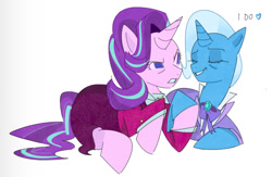 Size: 1366x893 | Tagged: safe, artist:dampfurz, derpibooru import, starlight glimmer, trixie, unicorn, g4, the last problem, clothes, duo, eyes closed, female, frown, holding hooves, lesbian, lying down, shipping, simple background, smiling, startrix, white background