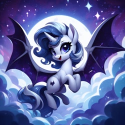 Size: 1024x1024 | Tagged: safe, ai content, derpibooru import, generator:bing image creator, machine learning assisted, machine learning generated, oc, oc only, alicorn, bat pony, bat pony alicorn, pony, unicorn, bat pony oc, bat wings, cloud, cute, cute little fangs, cutie mark, fangs, female, filly, flying, foal, horn, looking at you, moon, night, open mouth, prompter:be yourself, solo, stars, wings