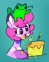 Size: 1536x1936 | Tagged: safe, artist:opalacorn, derpibooru import, oc, oc only, earth pony, frog, pony, birthday cake, bust, cake, cloven hooves, eating, female, food, frog hat, heart, heart eyes, mare, messy eating, open mouth, open smile, smiling, wingding eyes