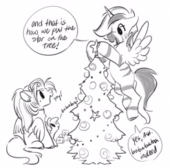 Size: 4096x4004 | Tagged: safe, artist:opalacorn, derpibooru import, oc, oc only, oc:silver stream, oc:void, alicorn, pegasus, pony, zebra, baby, baby pony, christmas, christmas tree, colt, commission, dialogue, female, foal, grayscale, holiday, hoof hold, male, mare, monochrome, mother and child, mother and son, open mouth, open smile, parent and child, simple background, smiling, speech bubble, stallion, tree, trio, white background, zebra alicorn