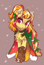 Size: 1382x2041 | Tagged: safe, artist:opalacorn, derpibooru import, oc, oc only, oc:daylily crescent, earth pony, pony, boots, brown background, cloak, clothes, commission, female, holly, mare, shoes, simple background, snow, snowfall, solo