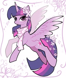 Size: 1723x2048 | Tagged: safe, artist:petaltwinkle, derpibooru import, twilight sparkle, twilight sparkle (alicorn), alicorn, butterfly, pony, g4, clothes, female, flower, flower in hair, flower in tail, lidded eyes, looking at you, mare, scarf, signature, simple background, smiling, smiling at you, solo, spread wings, tail, white background, wings