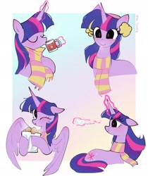 Size: 1722x2047 | Tagged: safe, artist:petaltwinkle, derpibooru import, twilight sparkle, twilight sparkle (alicorn), unicorn twilight, alicorn, fish, pony, unicorn, g4, :p, blushing, bucket, chocolate, clothes, cute, drink, drinking, earmuffs, ears, female, floppy ears, food, glowing, glowing horn, gradient background, horn, hot chocolate, levitation, magic, mare, mug, one eye closed, passepartout, scarf, smiling, snow, snowball, snowflake, solo, striped scarf, telekinesis, tongue, tongue out, twiabetes