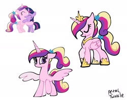 Size: 2048x1623 | Tagged: safe, artist:petaltwinkle, derpibooru import, princess cadance, twilight sparkle, unicorn twilight, alicorn, pony, unicorn, g4, cute, cutedance, duo, eyes closed, female, filly, filly cadance, filly twilight sparkle, foal, hug, reference included, signature, simple background, smiling, spread wings, teen princess cadance, teenager, twiabetes, white background, wings, younger