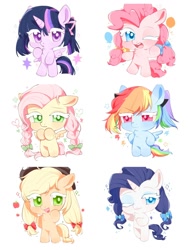 Size: 1500x2000 | Tagged: safe, artist:hedgehog29271, derpibooru import, applejack, fluttershy, pinkie pie, rainbow dash, rarity, twilight sparkle, twilight sparkle (alicorn), alicorn, earth pony, pegasus, pony, semi-anthro, unicorn, g4, alternate hairstyle, applejack's hat, bipedal, bow, braid, chest fluff, clothes, cowboy hat, female, hair bow, hat, mane six, mare, one eye closed, pigtails, simple background, twintails, white background, wink