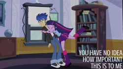 Size: 2000x1123 | Tagged: safe, derpibooru import, edit, edited screencap, editor:quoterific, screencap, flash sentry, twilight sparkle, equestria girls, equestria girls (movie), g4, bookshelf, hug