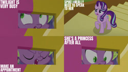 Size: 2000x1123 | Tagged: safe, derpibooru import, edit, edited screencap, editor:quoterific, screencap, spike, starlight glimmer, g4, to where and back again, disguise, disguised changeling, twilight's castle