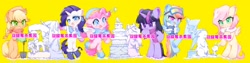 Size: 2048x516 | Tagged: safe, artist:hedgehog29271, derpibooru import, applejack, fluttershy, pinkie pie, rainbow dash, rarity, twilight sparkle, unicorn twilight, earth pony, pegasus, pony, unicorn, g4, applejack's hat, bipedal, clothes, cowboy hat, female, hat, hoof shoes, ice sculpture, jacket, mane six, mare, neckerchief, scarf, simple background, watermark, yellow background