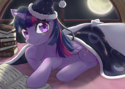 Size: 3508x2480 | Tagged: safe, artist:feiyyx, derpibooru import, twilight sparkle, twilight sparkle (alicorn), alicorn, pony, g4, blanket, blushing, book, hat, looking at you, moon, night, nightcap, window