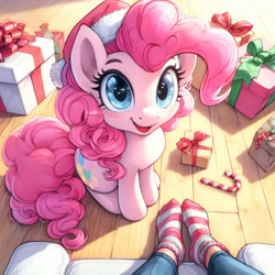 Size: 1024x1024 | Tagged: safe, ai content, derpibooru import, generator:dall-e 3, machine learning generated, pinkie pie, earth pony, human, pony, g4, candy, candy cane, christmas, clothes, cute, diapinkes, feet, female, floor, food, hat, holiday, indoors, looking at you, mare, offscreen character, offscreen human, open mouth, open smile, pov, present, prompter needed, santa hat, sitting, smiling, smiling at you, socks, solo focus, stocking feet, striped socks, wrong cutie mark