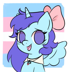 Size: 631x638 | Tagged: safe, artist:zizzythehedgehog99, derpibooru import, oc, oc only, oc:angel fullnight, alicorn, pony, bow, female, hair bow, heart, horn, jewelry, mare, necklace, pride, pride flag, smiling, spread wings, transgender, transgender pride flag, wings