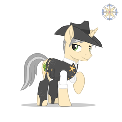 Size: 3000x3000 | Tagged: safe, artist:r4hucksake, derpibooru import, oc, oc:dusty duke, pony, unicorn, g4, chaps, clothes, hat, male, sheriff's badge, simple background, solo, stallion, transparent background