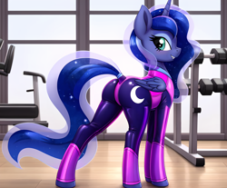 Size: 2320x1920 | Tagged: safe, ai content, artist:dovakkins, derpibooru exclusive, derpibooru import, generator:easyfluff v11.2, machine learning assisted, machine learning generated, princess luna, alicorn, pony, g4, blushing, butt, clothes, female, gym, horn, latex, latex suit, leotard, looking at you, looking back, looking back at you, mare, moonbutt, smiling, smiling at you, solo, teeth
