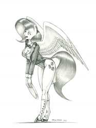 Size: 950x1267 | Tagged: safe, artist:baron engel, derpibooru import, fluttershy, anthro, pegasus, unguligrade anthro, g4, breasts, butler, cleavage, clothes, female, hootershy, leotard, mare, monochrome, pencil drawing, traditional art
