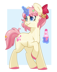 Size: 2000x2500 | Tagged: safe, artist:itstaylor-made, derpibooru import, oc, oc:fizz pop, pony, unicorn, bottle, bow, female, hair bow, magic, mare, solo