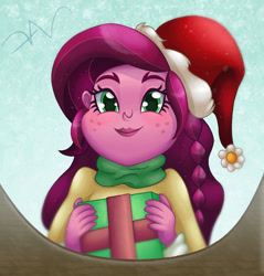 Size: 1570x1640 | Tagged: safe, artist:swasfews, derpibooru import, gloriosa daisy, human, equestria girls, g4, christmas, hat, holiday, looking at you, present, santa hat, solo