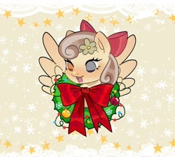 Size: 2048x1845 | Tagged: safe, artist:fluttr3, derpibooru import, oc, oc:peach blossom, pegasus, pony, bow, christmas, female, flower, flower in hair, glass eye, hair bow, heterochromia, holiday, mare, ornament, solo, spread wings, wings, wreath