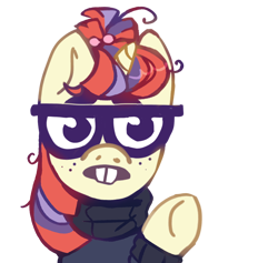 Size: 1350x1280 | Tagged: safe, artist:roofoos_rebirth, derpibooru import, moondancer, pony, unicorn, g4, bucktooth, clothes, commission, female, freckles, glasses, mare, meme, nerd, nerd emoji, ponified, ponified meme, raised hoof, raised leg, simple background, solo, sweater, transparent background, ych result