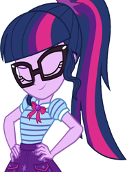 Size: 1869x2520 | Tagged: safe, derpibooru import, edit, edited screencap, editor:homersimpson1983, screencap, sci-twi, twilight sparkle, human, equestria girls, g4, background removed, breasts, bust, clothes, eyebrows, eyes closed, female, glasses, hair, hand on hip, not a vector, ponytail, puffy sleeves, raised eyebrow, shirt, simple background, skirt, smiling, solo, teenager, transparent background