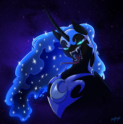 Size: 1912x1927 | Tagged: safe, artist:slimytongues, derpibooru import, nightmare moon, alicorn, pony, g4, drool, ethereal mane, fangs, female, glowing, glowing eyes, glowing mane, glowing throat, helmet, jewelry, long mane, long tongue, looking at you, mare, mawshot, open mouth, peytral, regalia, sharp teeth, signature, slit eyes, solo, starry mane, teeth, throat, tongue, tongue out, uvula