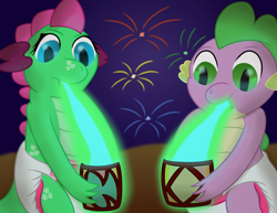 Size: 3200x2469 | Tagged: safe, artist:sweetielover, derpibooru import, spike, oc, oc:goldigony, dragon, g4, candle, diaper, diaper fetish, dragoness, dragonfire, duo, female, fetish, fire, fire breath, fireworks, lantern, male, night