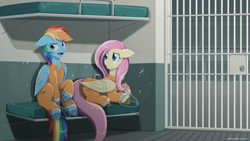 Size: 1920x1080 | Tagged: safe, artist:willoillo, derpibooru import, fluttershy, rainbow dash, pegasus, g4, bed, bound wings, butt, chains, clothes, commission, cuffed, duo, jail, jail cell, jumpsuit, never doubt rainbowdash69's involvement, plot, prison, prison outfit, prisoner ft, prisoner rd, shackles, unshorn fetlocks, wings