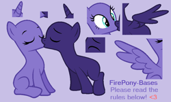 Size: 844x506 | Tagged: safe, artist:firepony-bases, derpibooru import, oc, oc only, earth pony, pony, g4, bald, base, duo, eyebrows, eyes closed, eyes open, female, horn, kiss on the lips, kissing, mare, oc x oc, partially open wings, purple background, shipping, simple background, sitting, spread wings, text, wings