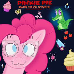 Size: 1000x997 | Tagged: safe, artist:clemchane, derpibooru import, gummy, pinkie pie, alligator, earth pony, pony, g4, album cover, album parody, cupcake, cutie mark, female, food, goggles, party cannon, safety goggles, science, solo, weird al yankovic