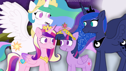 Size: 1920x1080 | Tagged: safe, artist:clemchane, derpibooru import, princess cadance, princess celestia, princess luna, twilight sparkle, twilight sparkle (alicorn), alicorn, pony, g4, season 4, twilight's kingdom, alicorn tetrarchy, big crown thingy, element of magic, female, jewelry, regalia, you'll play your part