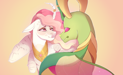 Size: 4000x2448 | Tagged: safe, artist:primrosepaper, derpibooru import, princess celestia, thorax, alicorn, changedling, changeling, pony, g4, alternate design, duo, duo male and female, ears, female, floppy ears, king thorax, looking at each other, looking at someone, male, mare, pink-mane celestia, shipping, straight, thoralestia