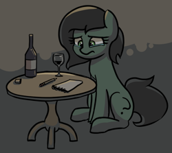 Size: 580x517 | Tagged: source needed, safe, artist:plunger, derpibooru import, oc, oc only, oc:anon filly, earth pony, pony, abstract background, alcohol, bill, bottle, crying, date, drink, female, filly, foal, glass, imported from twibooru, png, sitting, solo, table, wine, wine bottle, wine glass