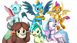 Size: 1920x1080 | Tagged: safe, alternate version, artist:pika-robo, derpibooru import, gallus, ocellus, sandbar, silverstream, smolder, yona, changedling, changeling, classical hippogriff, dragon, griffon, hippogriff, yak, g4, 3d, crossed arms, dragoness, female, flying, group, group photo, looking at you, male, open mouth, open smile, simple background, smiling, source filmmaker, spread wings, student six, waving, waving at you, white background, wings