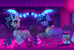 Size: 1024x700 | Tagged: safe, artist:spectrasus, derpibooru import, oc, oc only, oc:midnight blitzer, oc:tansha, pegasus, pony, sphinx, unicorn, clothes, collar, concave belly, cybernetic wings, cyberpunk, dagger, ear piercing, egyptian, egyptian pony, female, hologram, jacket, jewelry, lip piercing, male, mare, mask, piercing, pyramid, science fiction, setting: neo somnambula, stallion, weapon, wings