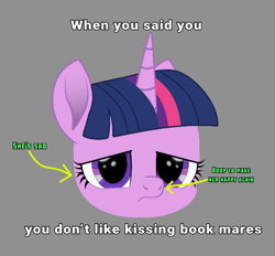 Size: 700x650 | Tagged: safe, artist:k. dale, derpibooru import, twilight sparkle, unicorn twilight, unicorn, g4, boop, bust, cute, female, gray background, head only, mare, meme, movie accurate, sad, sadorable, simple background, solo, text, twiabetes