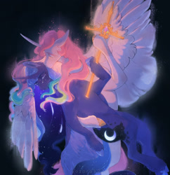 Size: 2170x2239 | Tagged: safe, artist:yozora122, derpibooru import, princess celestia, princess luna, alicorn, pony, g4, colored hooves, crying, duo, element of generosity, element of honesty, element of kindness, element of laughter, element of loyalty, element of magic, elements of harmony, female, fine art parody, gold hooves, high res, hoof hold, hooves, implied nightmare moon, kiss on the cheek, kissing, pink-mane celestia, royal sisters, sad, siblings, sisters, sword, unshorn fetlocks, weapon