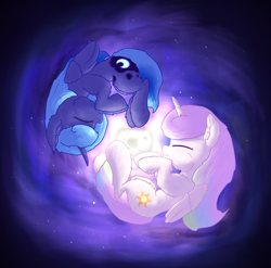 Size: 2459x2425 | Tagged: safe, artist:gosha305, derpibooru import, princess celestia, princess luna, alicorn, pony, g4, cewestia, cheek fluff, chest fluff, cute, cutelestia, duo, duo female, eyes closed, female, fetal position, filly, floating, fluffy, foal, folded wings, full body, galaxy, high res, lunabetes, pink-mane celestia, royal sisters, siblings, sisters, sleeping, smiling, space, stars, upside down, wings, woona, younger