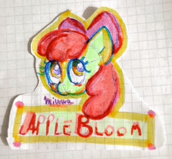 Size: 1024x946 | Tagged: safe, artist:m1ww4, derpibooru import, apple bloom, earth pony, pony, g4, bust, female, filly, foal, graph paper, portrait, solo, text, traditional art