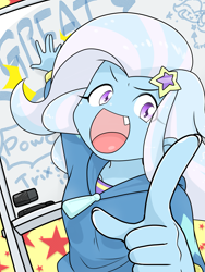 Size: 1615x2150 | Tagged: safe, artist:batipin, derpibooru import, screencap, trixie, human, equestria girls, g4, 2d, board, clothes, cute, cute little fangs, diatrixes, eraser, fangs, female, fingernails, great and powerful, hairclip, jacket, long sleeves, looking at you, looking up, looking up at you, marker, open mouth, shirt, smiling, smiling at you, snaggletooth, solo, stars, whiteboard, zipper