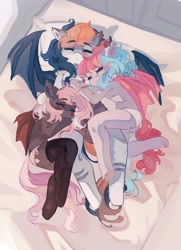 Size: 2967x4096 | Tagged: safe, artist:saxopi, derpibooru import, oc, oc only, bat pony, semi-anthro, arm hooves, bat pony oc, bed, clothes, commission, eyes closed, in bed, overhead view, panties, sleeping, trio, underwear