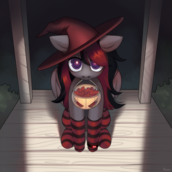 Size: 3000x3000 | Tagged: safe, artist:remon, derpibooru import, oc, oc only, oc:se solar eclipse, pegasus, pony, candy, clothes, costume, cute, ears back, eyelashes, female, fluffy mane, folded wings, food, gray coat, halloween, halloween 2023, halloween costume, hat, holiday, mare, nightmare night, pegasus oc, pony oc, porch, pumpkin bucket, purple eyes, red and black mane, shading, sitting, socks, solo, striped socks, trick or treat, watch, wings, witch, witch hat, wristwatch