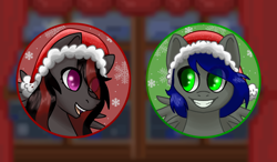 Size: 1200x700 | Tagged: safe, artist:krotir, derpibooru import, oc, oc only, oc:mb midnight breeze, oc:se solar eclipse, pegasus, pony, blue mane, blurry background, christmas, christmas 2023, commission, couple, cute, drapes, duo, duo focus, duo male and female, ears up, eye clipping through hair, female, fluffy mane, gray coat, green background, green eyes, happy, hat, hearth's warming, holiday, in love, indoors, looking at each other, looking at someone, love, male, matching outfits, open mouth, pegasus oc, pony oc, profile picture, purple eyes, red and black mane, red background, santa hat, simple background, smiling, smiling at each other, snow, snowflake, spread wings, teeth, window, wings