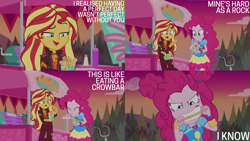 Size: 4400x2475 | Tagged: safe, derpibooru import, edit, edited screencap, editor:quoterific, screencap, pinkie pie, sunset shimmer, better together, equestria girls, g4, sunset's backstage pass!, churros, food